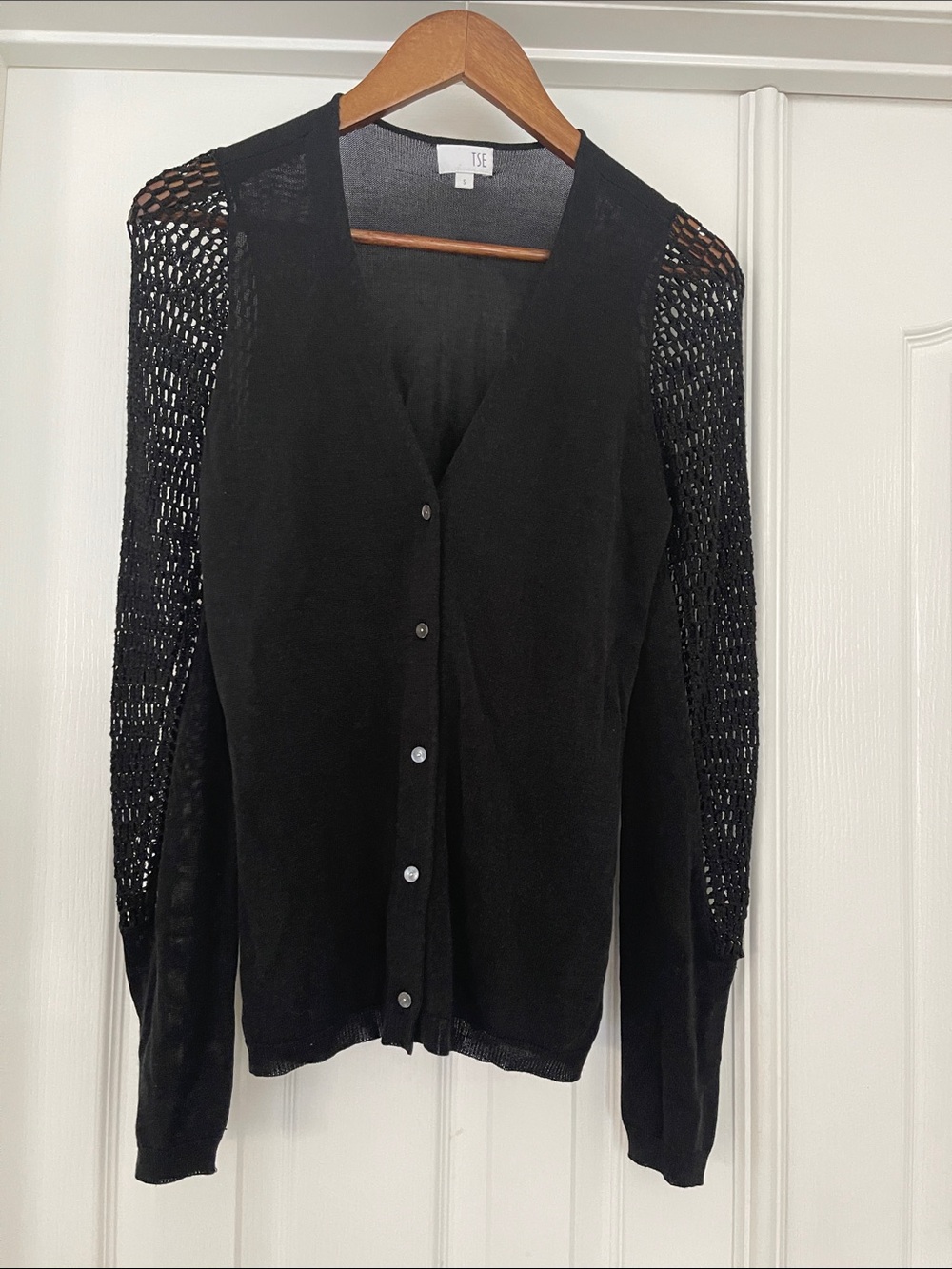 TSE Black Button-Front Cardigan with Open-cut out Knit Sleeves cotton viscose S